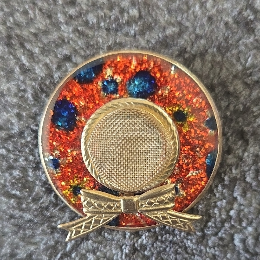 Gold Bow Hat Brooch with Orange and Blue Glitter